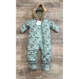New Disney Mickey Mouse Snow Suit Sage Green One Piece 6 - 12 Months Hood Feet‎